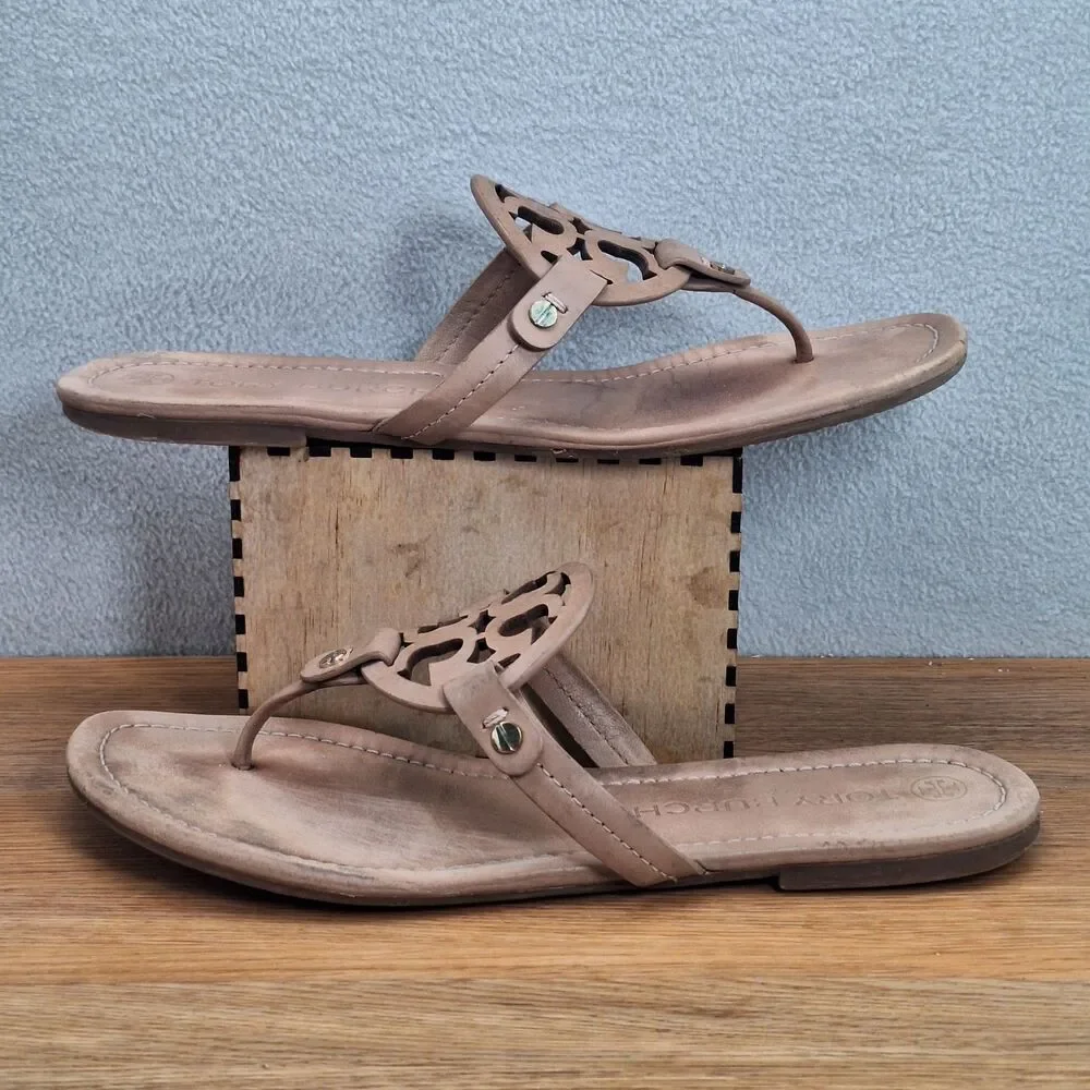 Tory Burch Miller Thong Sandals Women 10.5 Tan Beige Leather Logo Flip Flops